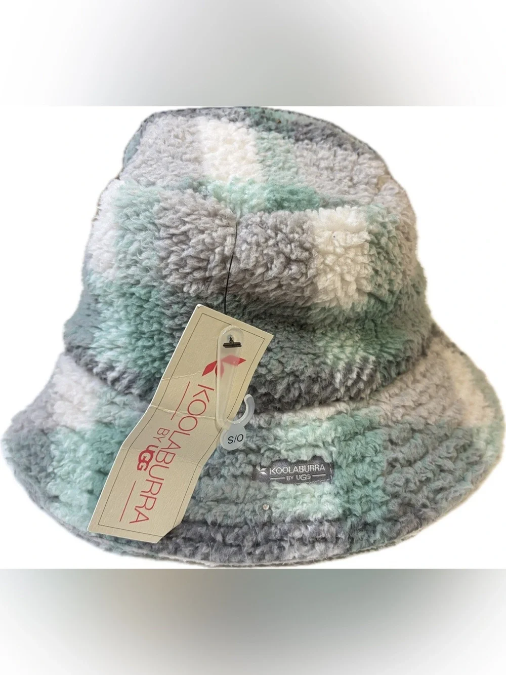 Koolaburra by UGG Sherpa Plaid Bucket Hat Green Grey Faux Fur Cozy Winter S/O